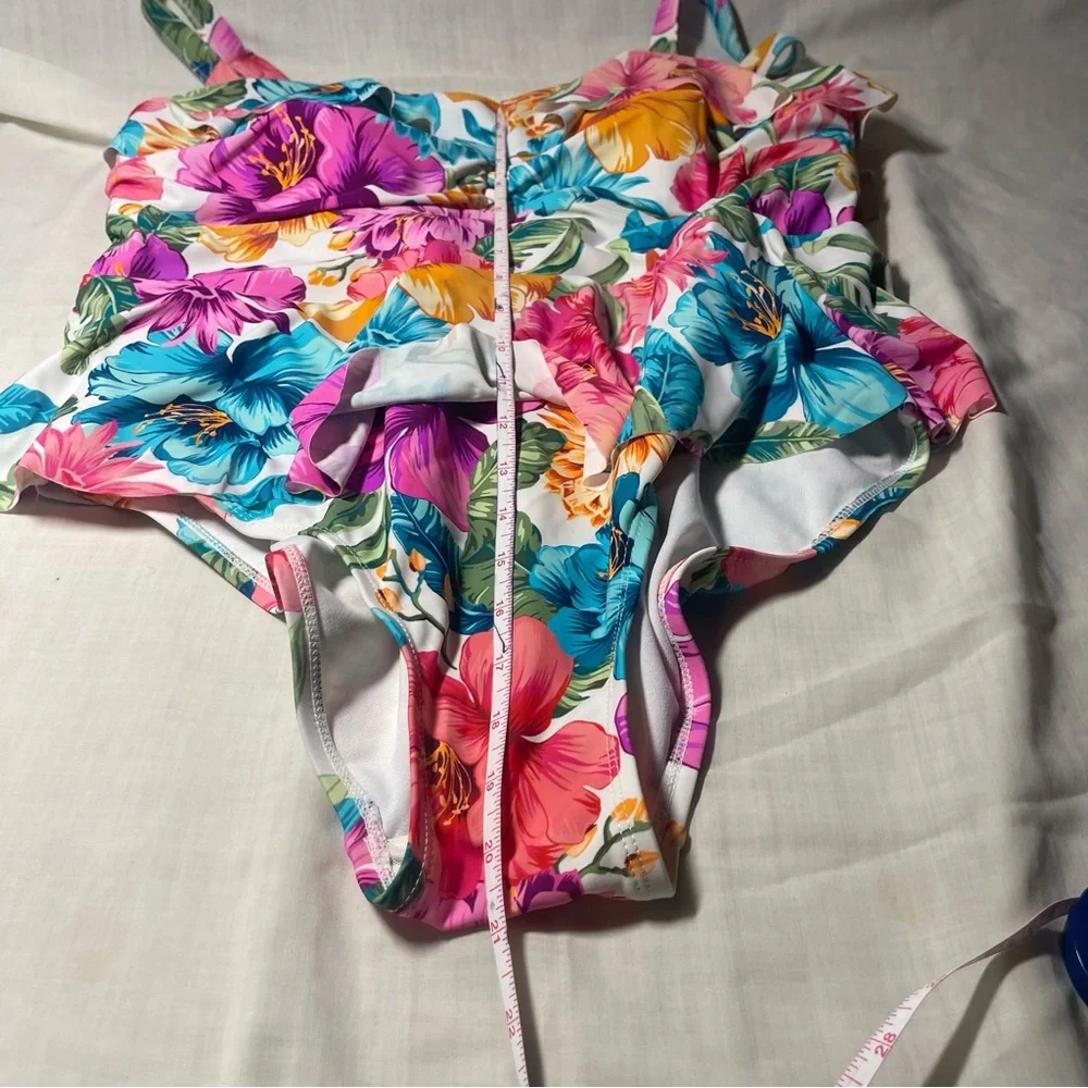 Terra & Sky Pink, Blue and Orange Floral Swimsuit 1X. Ruffles. Great Condition.